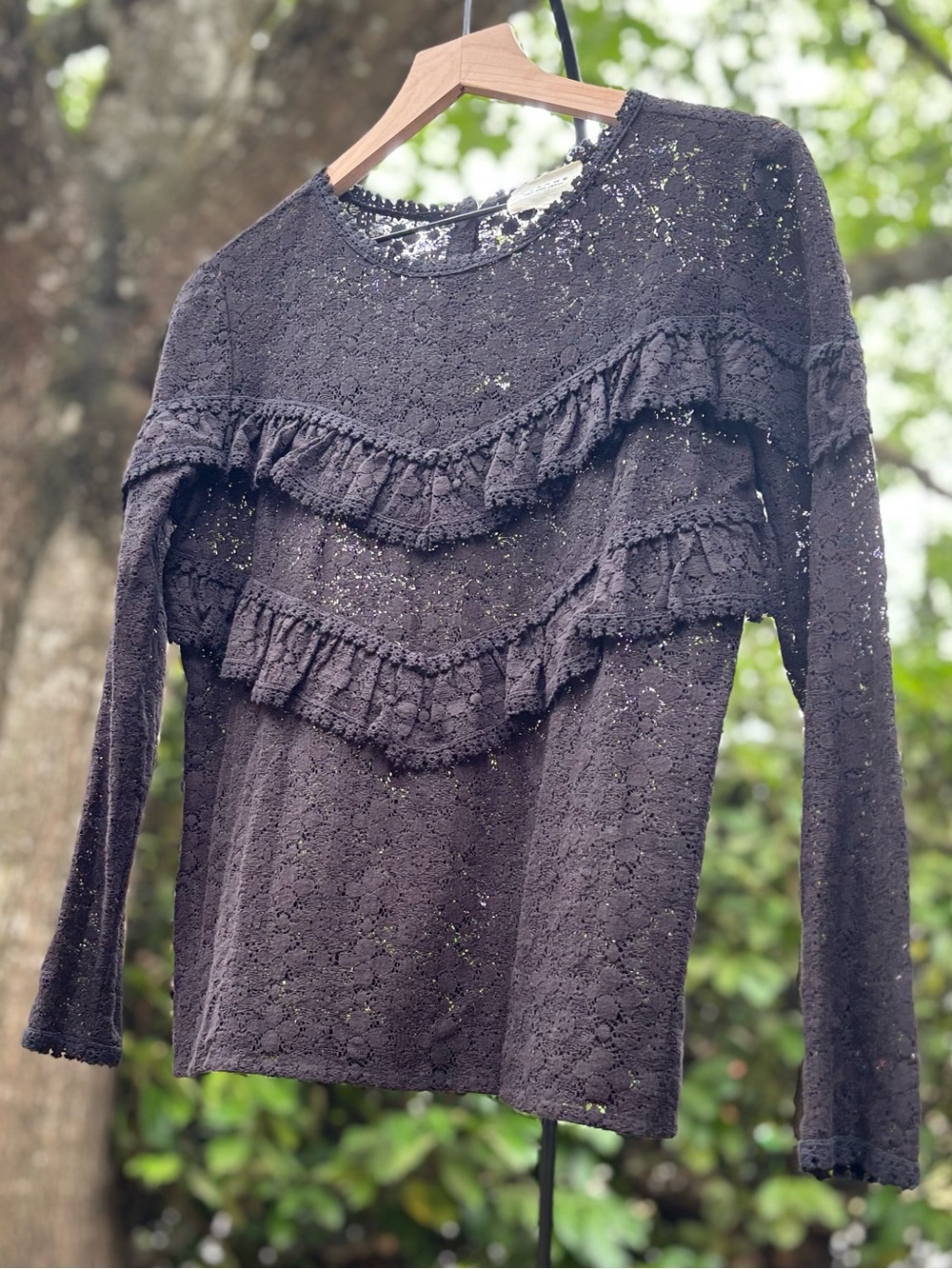 Sézane Ninon Sheer Black Lace Ruffle Long-Sleeve Top | 100% Cotton